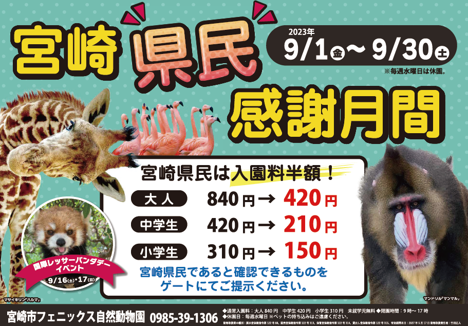 宮崎市フェニックス自然動物園は9月宮崎県民感謝月間です。